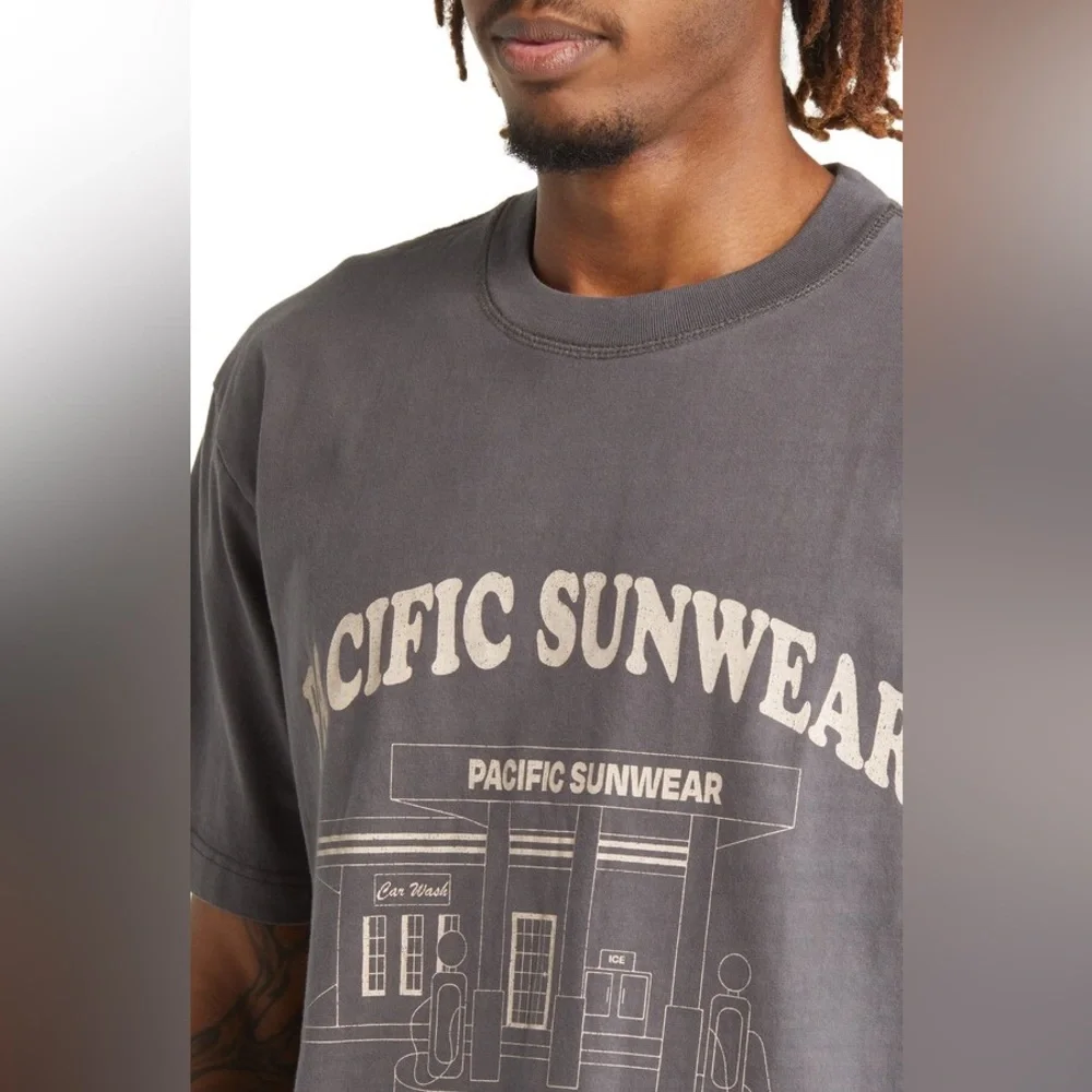 PacSun Men's Service Station Graphic Tee - Grey Size M, heavyweight